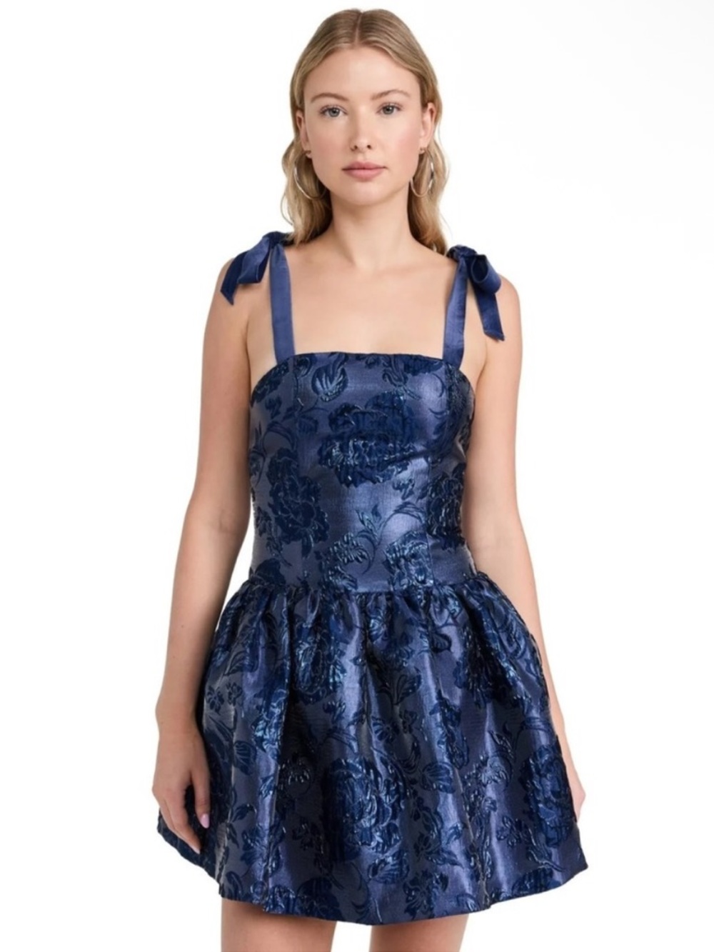 Alice + Olivia Maryann Tie-Shoulder Drop-Waist Mini Dress in Navy Brocade Floral